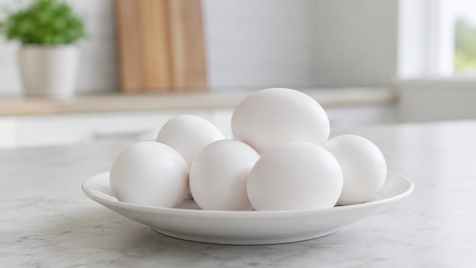 Seks hvite egg på en hvit tallerken på en marmorbenk.